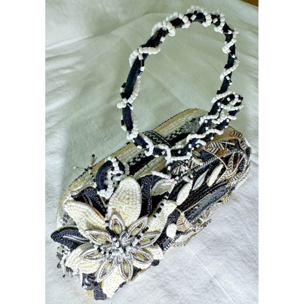 Vintage Mary Frances Beaded Mini Handbag Black White Floral Evening Purse Y2K - Picture 5 of 16